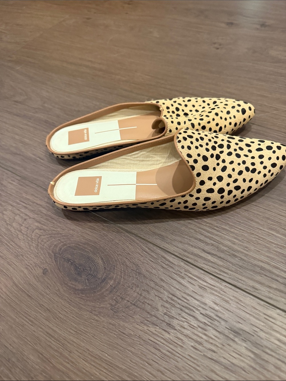 Dolce Vita Tan with Black Spotted Pointed Mules - Picture 6 of 8